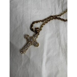 Gold Tone Cross Necklace with Rhinestones Rope Chain